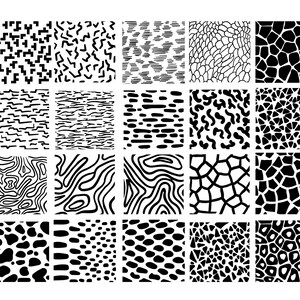 Puede incluir: Una colección de veinte patrones geométricos en blanco y negro. Los patrones incluyen varias formas como líneas, puntos y formas orgánicas. Los diseños están dispuestos en una cuadrícula, ofreciendo una variedad de texturas e interés visual.