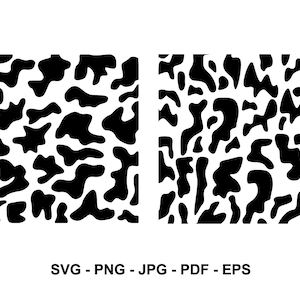 Może przedstawiać: Dwa abstrakcyjne wzory w kolorze czarnym i białym z wzorem kamuflażu. Wzory składają się z nieregularnych kształtów i powtarzają się bez szwów.