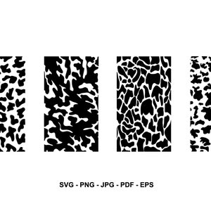 May include: Four different black and white animal print patterns. The patterns are arranged in a row from left to right. Each pattern is a different variation of a leopard print.