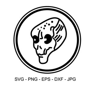 Puede incluir: Ilustración en blanco y negro de una cabeza alienígena dentro de un marco circular. La cabeza alienígena tiene ojos grandes y redondos y una estructura de cráneo detallada. La imagen incluye el texto "SVG - PNG - EPS - DXF - JPG" en la parte inferior.