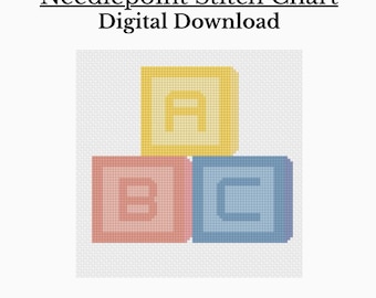 パステルカラーのベビー用ABCブロックのニードルポイントパターン（デジタルダウンロード）