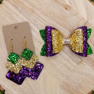 Mardi Gras Glitter Hair Bow or Earrings, hair accessories for her, mommy and me, Mardi Gras hair accessories, Fat Tuesday hair bow