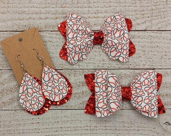Baseball fan accessories, baseball hair bows, baseball earrings, gift for sports lover, baseball mom gear, fan gear, cheer bow