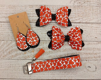 Basketball hairbow, Basketball earrings, basketball wristlet keychain, mommy and me, game day accessories, cheer accessories, sports bows