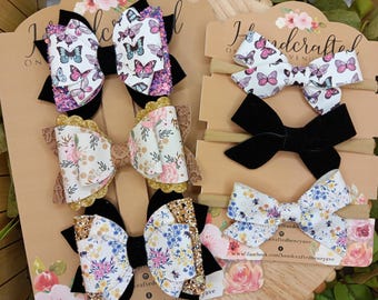 Spring hair bow sets, baby headbands on nylon, baby shower gift, spring hair accessories, hair bows on clips, sibling set, photo accessories