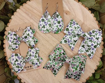 St. Patrick's Day hair bows, clover earrings, purple and green clover accessories, glitter clover bows, pigtail bow, mommy and me