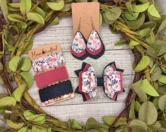 Floral Pink & Navy Accessories, fall hair accessories, floral hair bow, snap clip set, fall floral earrings, velvet and lace bows