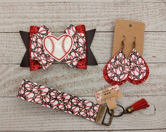 Baseball fan accessories, leopard print, baseball hair bow, baseball earrings, gift for sports lover, baseball mom gear, baseball keychain