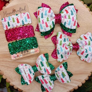 Christmas Tree Hair Accessories, holiday hair bows, snap clip set, pigtail set, glitter hair bows, gifts for girl
