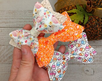 Fall and Halloween hair bow 3 pack- pumpkin patch, candy corn glitter, and candy corn print, fall accessories for girls, halloween hair bows
