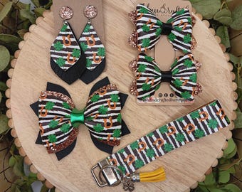 St. Patrick's Day bow, clover pigtail bow, mommy & me, women's accessories, lucky horseshoe accessory, clover keychain, st pattys earrings