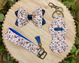 Camper print accessories, keychain wristlet for camper, camper chapstick holder keychain, camper bow, gift for camping lovers, mommy & me