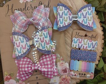 Easter hair accessories for girls, hair bow set for Easter, snap clip set, rainbow bunnies hair bow, plaid hair bows, Easter basket filler