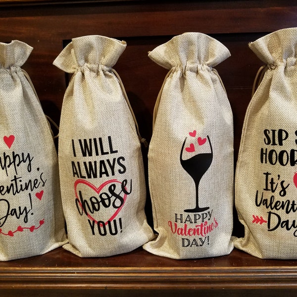 Valentine's Day Wine Bags with optional coordinating gift pouch, gift set for wife, gift for galentine's day, burlap wine bag, romantic gift