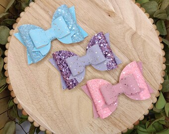 Pastel Hair Bows for girls, pink glitter bow, lavender hair bow, baby blue hair bow, spring accessories for girls, Easter basket filler