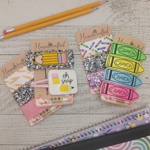 Back to school snap clips, hair clips for little girls, crayon hair clips, pencil hair clips, first day of school accessories
