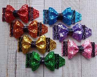 4.2&quot; Glitter Crayon pinch hair bow on clip, back to school accessories, first day of school bow, hair bows for teachers, back to school gift
