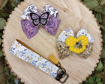 Honey bee hair bow, butterfly hair bow, spring accessories for girls, honey bee wristlet keychain, hair accessories, glitter feltie bows
