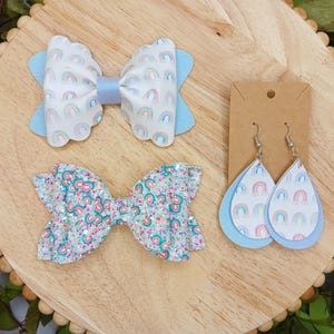 Pastel rainbow accessories, rainbow glitter hair bow, rainbow earrings, mommy and me, gift for little girl, girl&#39;s hair accessories