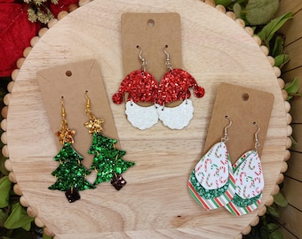 Christmas Earrings, Santa earrings, Christmas tree earrings, holiday accessory for women, glitter earrings, candy cane earrings