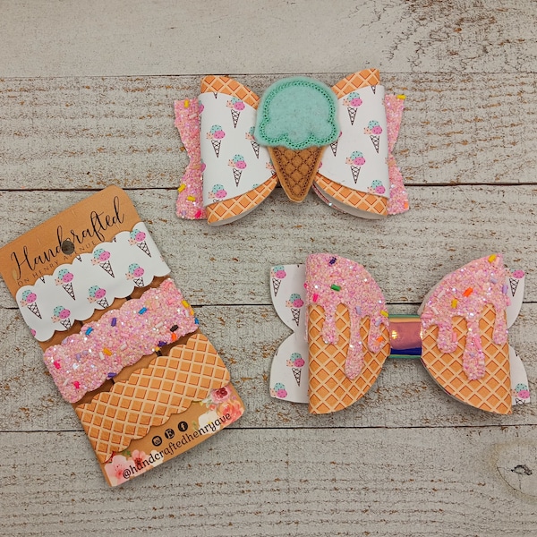 Mint Ice Cream & Sprinkles Hair Bows, Ice Cream Drip Bow, Snap Clip set, summer accessories for girls, birthday party bow