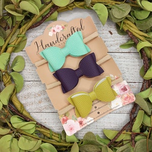 3 pack baby headbands, solid hair bows for girls, aqua olive plum, small hair bows on nylon, baby shower gift