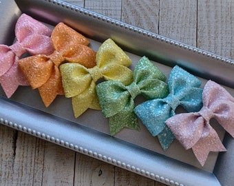 Pastel Glitter Hair Bows w/ Tails- spring accessories, solid color bows, gifts for girls, cheer/dance bows, school hair bows, every day bows