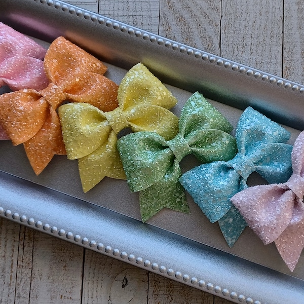 Pastel Glitter Hair Bows w/ Tails- spring accessories, solid color bows, gifts for girls, cheer/dance bows, school hair bows, every day bows