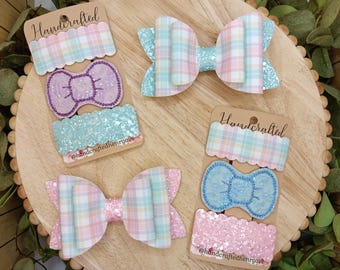Pastel Plaid Easter Hair bows or snap clip set, Easter accessories for girls, Spring bows, coordinating sister bows, Easter basket fillers
