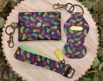 Tropical Feathers Keychain, Summer accessories for women, Wristlet keychain, chapstick holder, business card wallet keychain, gift for woman