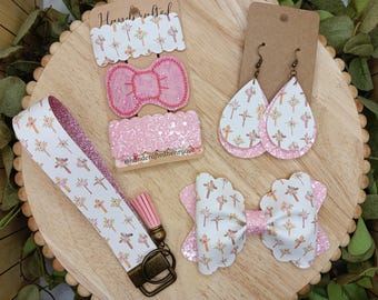 Pink Floral Cross Easter hair bows, Easter earrings, mommy & me, pink cross snap clip set, Cross wristlet, spring accessories for women