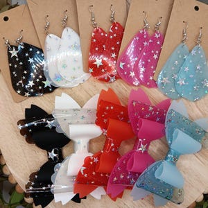 Water-friendly hair bows & earrings, summer accessories for girls and women, mommy and me, pool bows, pool earrings, star print jelly bow