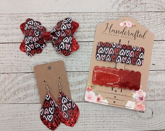 Valentine's Day Hair Bows- hair accessories for girls, heart print hair bow, gift for girl, baby shower gift