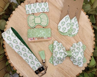 Green Easter Cross Print Hair Bow, Earrings, Snap clip set, wristlet keychain, Spring Accessories, Sunday Church Accessories, mommy and me