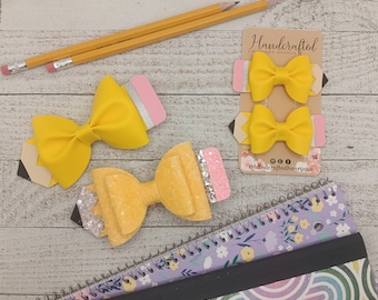 Pencil Hair Bows, Back to school accessories, back to school gifts, bows for teachers, pigtail bows, first day of school accessory