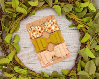 Sunflower Hair Bow Set, hair bow variety pack, fall hair accessories, coordinated hair bow set, baby shower gift, bows for girls