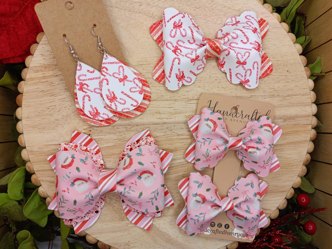 Candy Cane Christmas Hair Bow and Earrings, Holiday Accessories, Santa ...