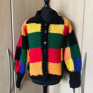 Harry Style inspired cardigan, unisex cardigan, patchwork jumper, crochet sweater, colourful knit, size Medium (women), Small (men)