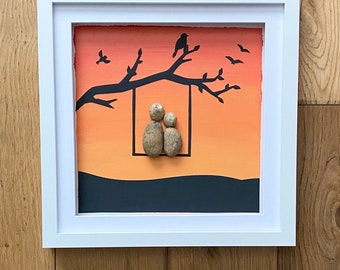 Acrylic sunset pebble art, painted pebble art, handmade gift ideas, personalised anniversary present, romantic love art