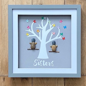 Sisters pebble art, sisterhood, friendship, personalized, handmade gift, butterflies, rainbow, tree, swings, birthday, childhood, love