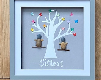 Sisters pebble art, sisterhood, friendship, personalized, handmade gift, butterflies, rainbow, tree, swings, birthday, childhood, love