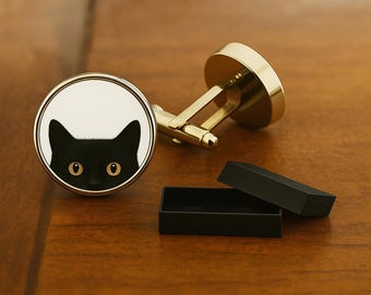 Peeping Black Cat - Rhodium Plate - 16mm Glass Cabochon Lens  - Gift