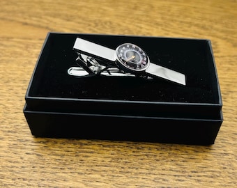 Classic Car Speedometer Tie Clip: Rhodium Plate, 3D Glass - Gift Option