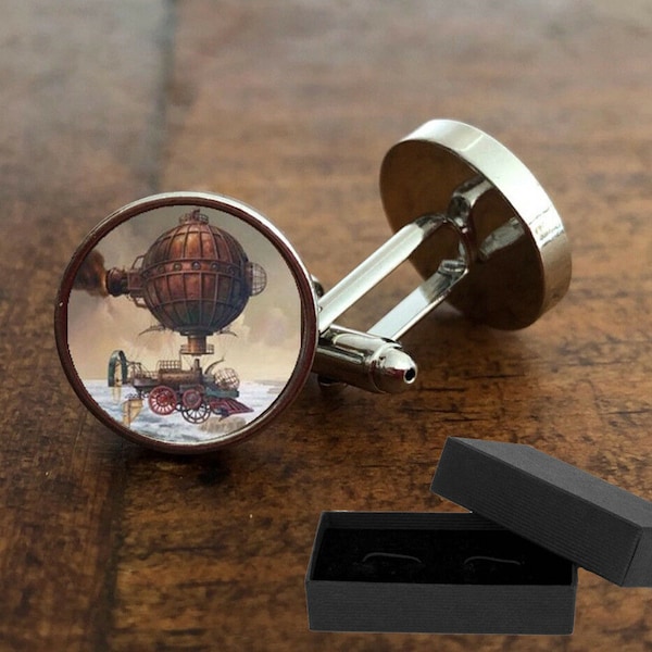 Boutons de manchette steampunk dirigeables victoriens - Plaque rhodiée 16 mm - Boîte gratuite -