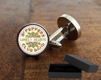 Beatles Sgt Pepper Cufflinks: Rhodium Plate 3D Glass Lens