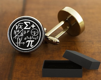 Maths Symbols Cufflinks - 16mm Glass Cabochon - Quality Study Rhodium Plate