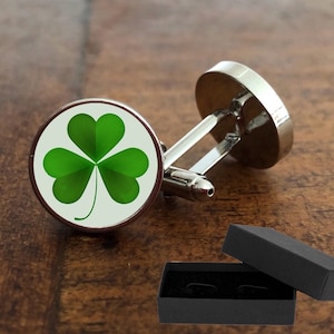 Shamrock Cufflinks: Rhodium Plated Four Leaf Clover, St. Patrick&#39;s Day