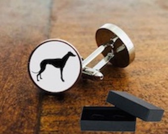 Greyhound Cufflinks - Free Box -16mm Rhodium Plate - Cabochon - Gift
