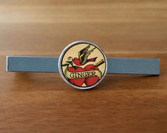 Hearts Tattoo Ginger - Tie Clip Bar - 16mm Glass Lens  -  Rhodium Plated