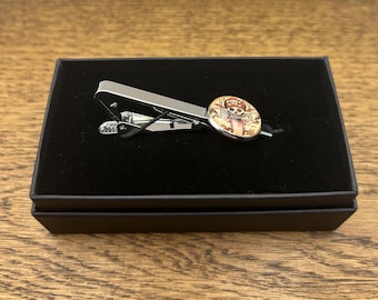Motorbike Skeleton Tattoo Tie Clip: Sailor Jerry Rhodium Plate, 3D Glass Lens